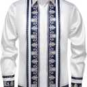 Mens Luxury Print Dress Shirt Long Sleeve Button-Down Shirt (White, M)