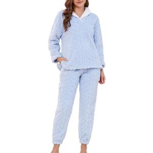 LYCY Fluffy Pajamas set for Women Fleece Pullover 2 Piece Pjs Set Soft Plush Sleepwear Winter Loungewear (Small, Light Blue)