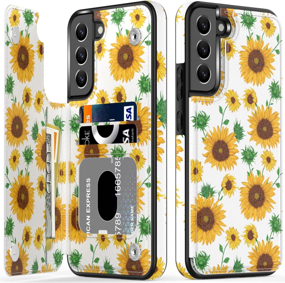 LETO Galaxy S21 FE Case,Luxury Flip Folio Leather Wallet Case Cover with Fashion Designs for Girls Women,Card Slots Kickstand,Protective Phone Case Nice Sunflowers