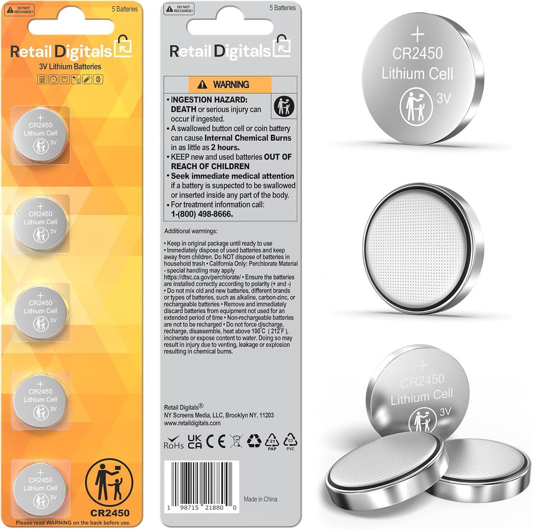 CR2450 3V Premium Lithium Battery | 5-Pack | Child-Proof Package | 610 mAh | CR2450 3V Coin Batteries