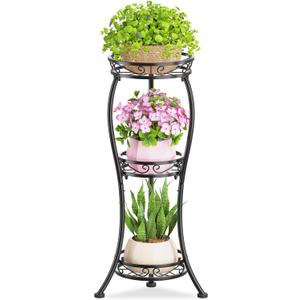 KMOTASUO 3 Tier Tall Metal Plant Stand, 33 Inch Plant Stands Indoor Outdoor, Rustproof Iron Flower Pot Holder Display Rack for Corner Patio Garden Balcony Living Room(Black)