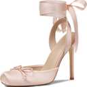 Celbreez Ballet Heels Satin Stiletto Heels for Women Close Square Toe Slingback Bow Lace Up High Nude Heel Women's Pumps Strappy Mary Jane Ballerina Heel Party Wedding Cute Shoes (9)