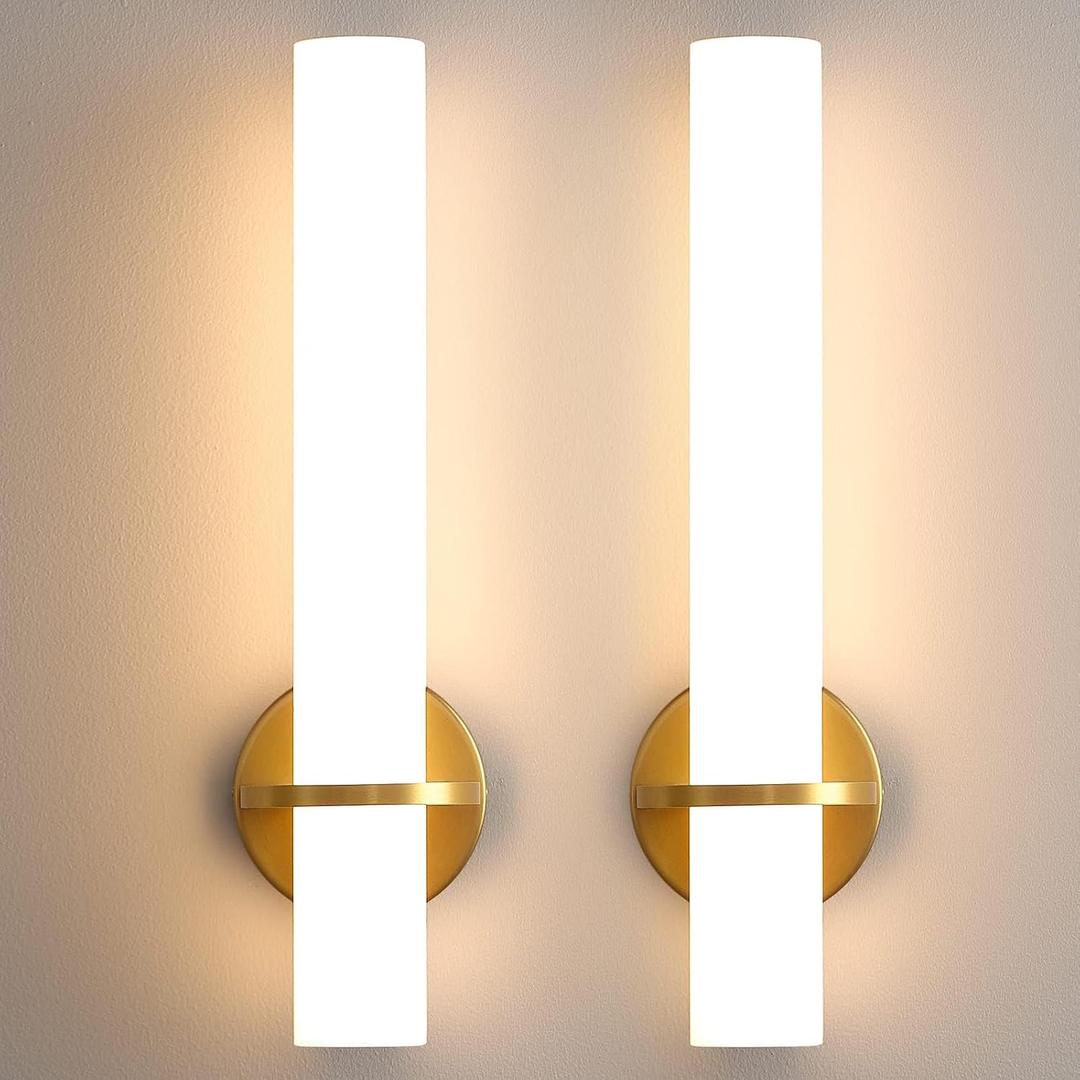 AIJIASI Gold Bathroom Wall Sconces Set of 2: 18 Inch Modern Sconces Wall Lighting 18W LED Dimmable Wall Light with Acrylic Lampshade, Brushed Gold Sconces for Bedroom Living Room Hallway (Hardwired), 18in-2pcs