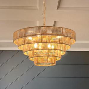 Boho Hand-Woven Rattan Chandelier 5-Tier Minimalist Large Pendant Light Farmhouse 8-Lights Round Hanging Ceiling Light Fixture for Kitchen Island Dinning Room Living Room, Dia23.6