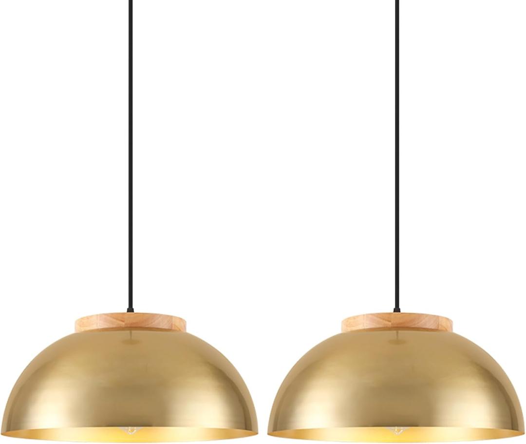 Large Pendant Lights, Gold Pendant Lights for Kitchen Island, Farmhouse Pendant Light Fixtures with Wooden Holder, 16" Adjustable Lighting Fixtures for Dining Room, Living Room, Entryway, 2 Pack