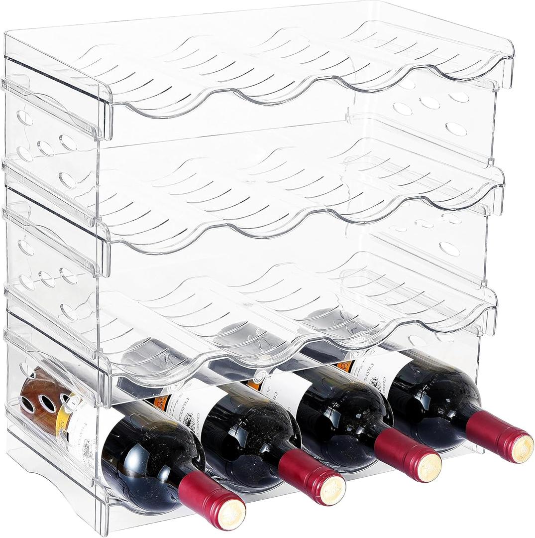 IEEK Plastic Stackable Bottle Storage Holder Rack Holds 16 Bottles, Free-Standing Water Bottle/Wine and Drink Organizer Shelf for Kitchen Cabinet, Fridge, Countertop, Pantry, Freezer, 4 PackX4 Bottles, Clear