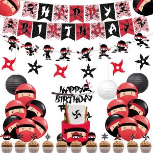 Ninja Birthday Party Decoration Red and Black Warrior Themed Party Supplies for Boys with Ninja Happy Birthday Banner Cake Topper Sticker and Paper Lanterns