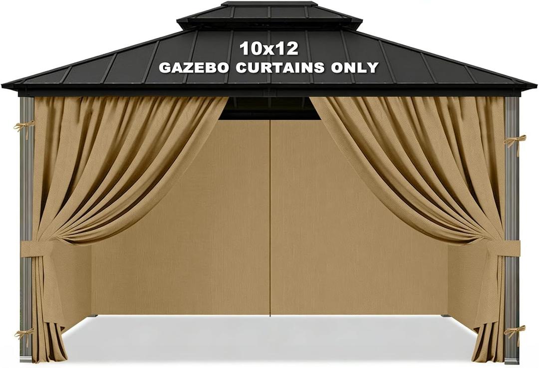 Gazebo Privacy Curtains 10' x 12' Replacement Panels Waterproof & Windproof 4 Zippered Sidewalls for Patio Canopy, Outdoor Garden or Backyard Gazebo(Khaki)