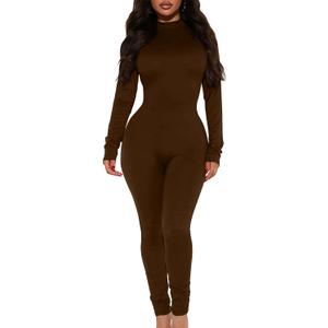 Mokoru Women's Sexy Bodycon Long Sleeve One Piece Jumpsuits Full Length Club Rompers (Medium, Coffee)