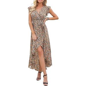 GRECERELLE 2025 Women's Spring Summer Boho Floral Print V-Neck Faux Wrap Maxi Dress for Wedding Guest, Graduation, Party Size Medium, Pastoral Coffee 