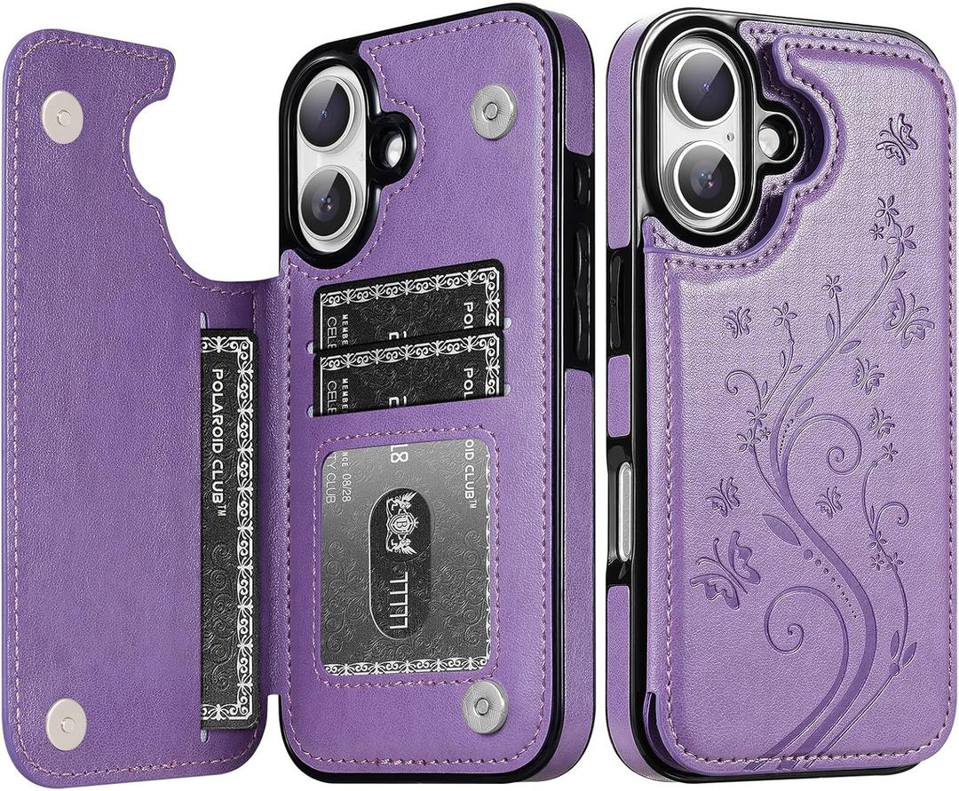 Korecase Compatible with iPhone 16 Wallet Case with Card Holder,Butterfly Double Magnetic Back Flip PU Leather Kickstand Card Slots Cover for Girls Women for iPhone 16 (6.1")-Purple