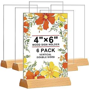 Acrylic Sign Holder 4 x 6 - Wedding Table Number Holder with Wood Base, Double Sided Picture Frames, 6Pack Clear Table Menu Display Stand for Centerpiece,Decoration,Party,Restaurants Office Store