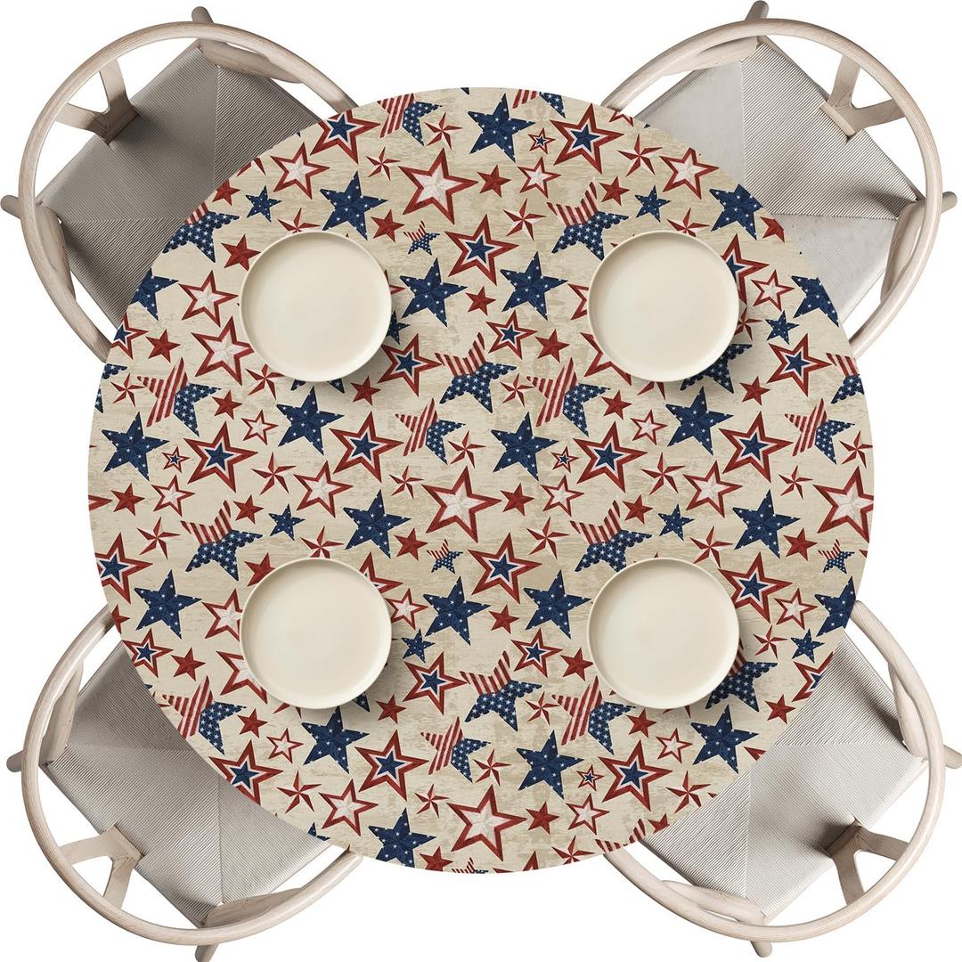 Horaldaily 4th of July Fitted Tablecloth Fit for 64 x 44 Inch Oval, Wooden Vintage Rustic Patriotic Washable Table Cover Elastic Edged for Dinning, Picnic, Camping, Banquet
