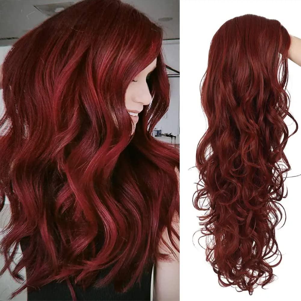 Kaneles Burgundy Color Long Wigs for Women Wave Wig Wine Red Middle Part Wigs Heat Resistant Fiber Halloween Cosplay Party Full Wings (Wine) Red