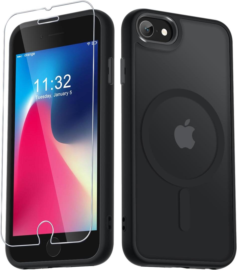 for iPhone SE Case 2022(3rd)/2020(2nd), iPhone 8/7 Case, with 1 Screen Protector, Matte Magnetic Slim Phone Cover, Support for Magsafe, Shockproof Protection Translucent Frosted Back,Black