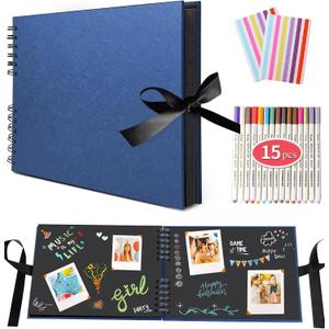 EVNEED Scrapbook Photo Album DIY Scrap Book Black Pages for Wedding Guest Book Anniversary Valentines Day Gifts with 15 Marker Paint Pens,80 Pages,Blue (40 Sheets)