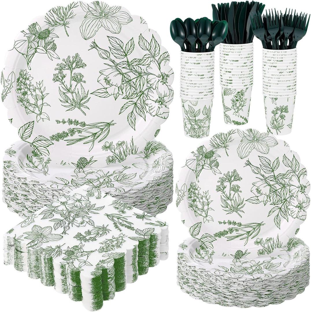 Sage Green Disposable Tableware Set Greenery Floral Paper Plates Napkins Sage Serve Scalloped Plates Paper Napkins Cups Plastic Spoons Forks Knives for Wedding Tea Party Baby Shower