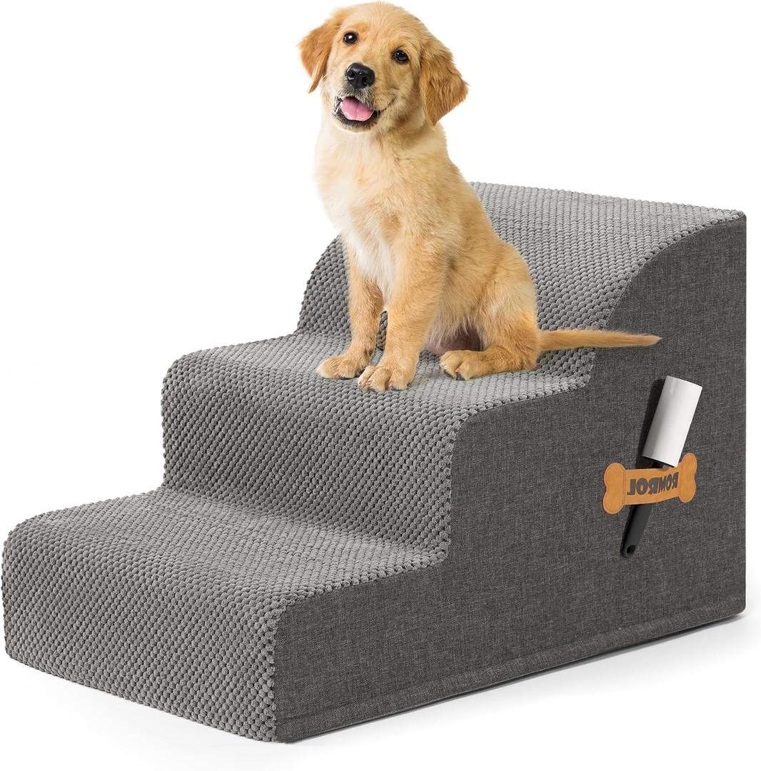 Dog Stairs, Romrol High Density Foam Dog Steps for High Bed and Couch, Dog Ramp, Pet Stairs for Small Dogs and Cats or Pets Joints, 3-Step