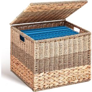 Decorative File Box 14 x 12 x 11 in Wicker Seagrass File Basket Organizer for Letter Size Hand Woven Hanging Filing Cabinet with Lid for Document Folder Home Office Decor, Water Hyacinth, Tricolor