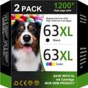 63XL Ink Cartridges Black and Color (2-Pack) Replacement for HP Ink 63 63XL Combo Pack Works for HP OfficeJet 3830 4650 4655 5200 5222 5255, DeskJet 1112 2130 3630, Envy 4510 4520 Series | L0R46AN