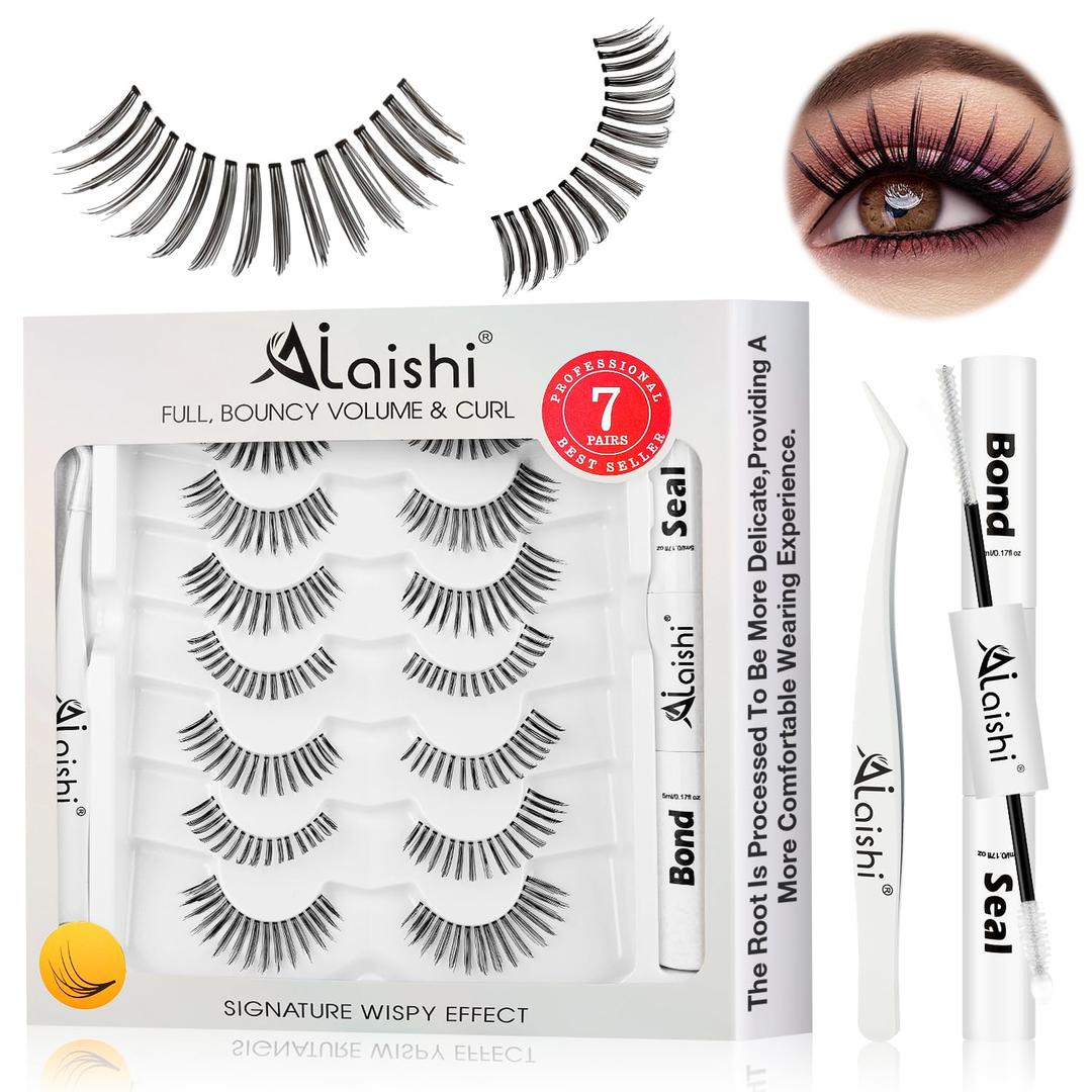 3 x Wispy False Eyelashes Kit With Bond, Seal and Tweezer, 7 Pairs Natural Look Fake Cat Eye Lashes Strips Thin Band Extensions Waterproof Easy Eyelashes for Beginners DF99#