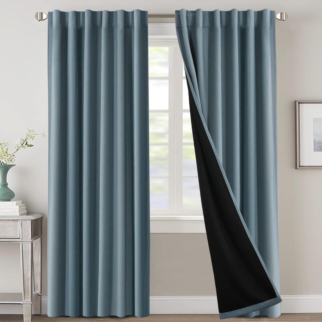 H.VERSAILTEX 100% Blackout Curtains for Bedroom with Black Liner Full Room Darkening Curtains 84 Inches Long Thermal Insulated Back Tab/Rod Pocket Window Drapes for Living Room, 2 Panels, Stone Blue