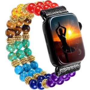 7 Chakra Natural Gemstone Yoga Beads Reiki Healing Bracelet Beaded Band Compatible with Apple Watch 10 9 8 7 SE 6 5 4 3 Elastic Strap for iwatch 38mm 40mm 42mm 44mm for Women