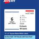 Avery Durable Removable Square Labels, Sure Feed Technology, 3" x 3", Matte White Film, Water-Resistant, Print-to-The-Edge, Laser/Pigment-Based Inkjet Printable, 48 Total