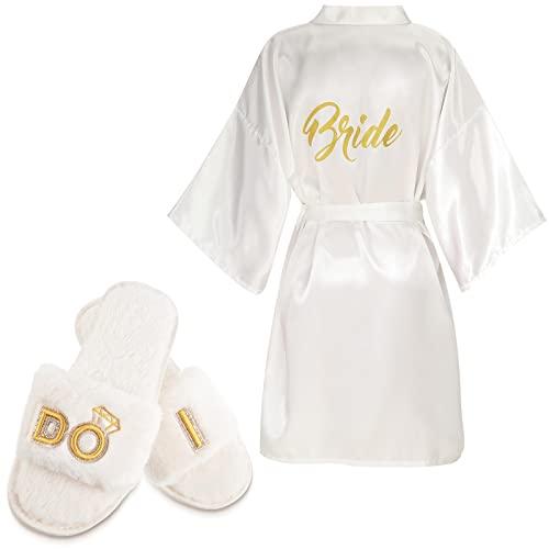 Jiuguva Bride Robe and Slippers for Wedding Day Bridesmaid Bridal Shower Gifts for Bachelorette Party (M, White)
