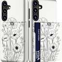 Compatible with Samsung Galaxy S23 FE Case Cute with Card Holder / S23FE Shockproof Slot Wallet Phone Cover for Women/Black Beautiful Plant Flower Floral Line Sketch