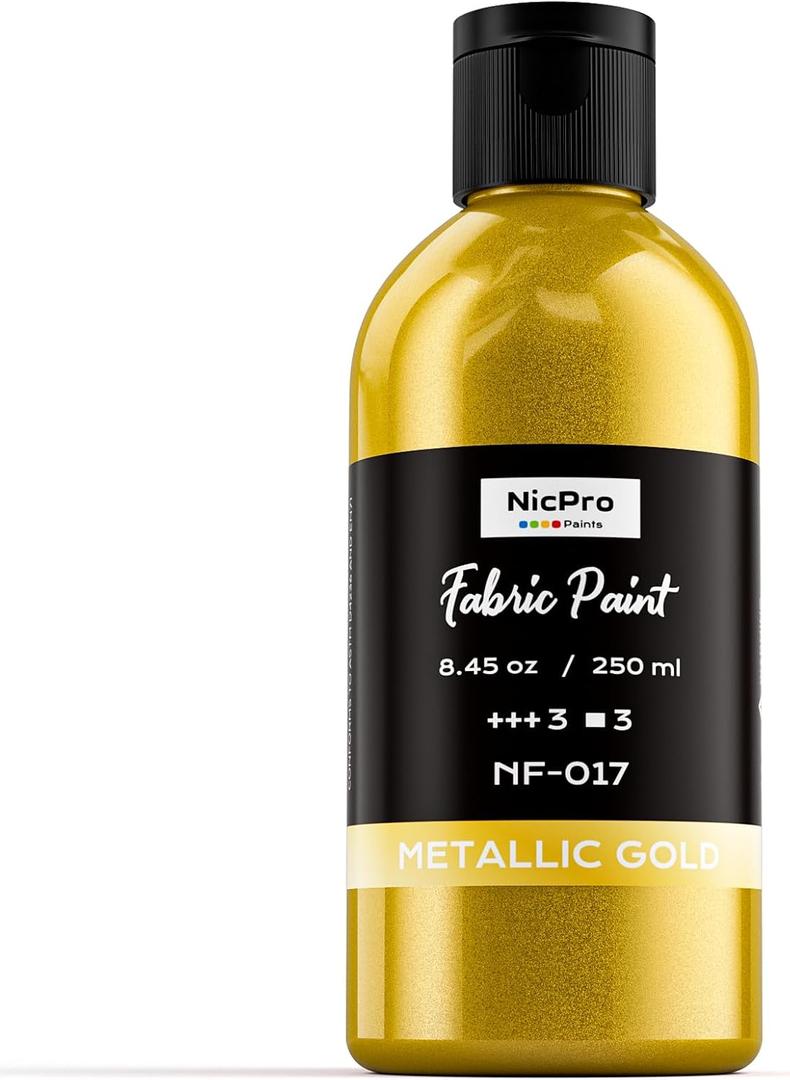 Nicpro Gold Fabric Paint, 8.45 oz (250 ml) Fabric Paint for Clothes Permanent, Clothing Paint for Valentines Decor, DIY T-shirts Jeans Crafts, Refresh Furniture Upholstery (2 pcs)
