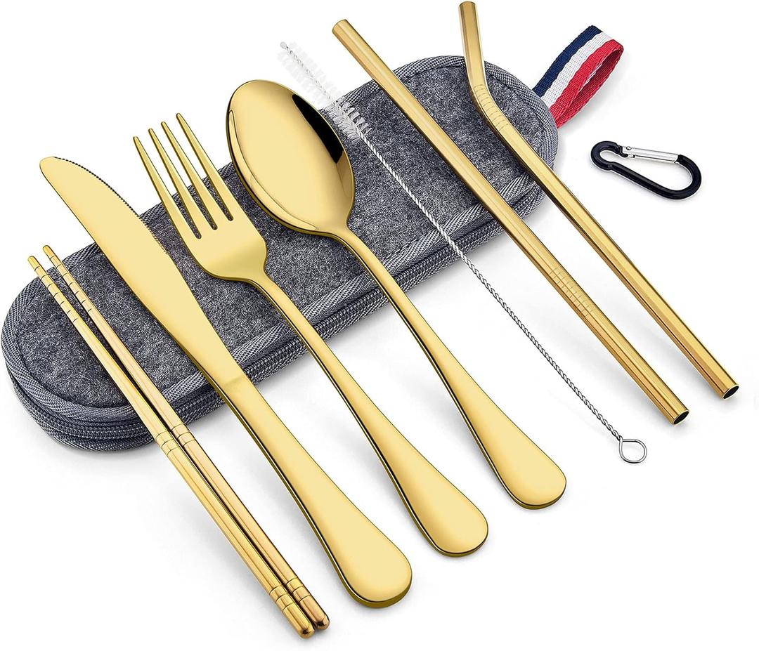 LIANYU 8-Piece Portable Utensils Set, Stainless Steel Gold Travel Silverware Set, Reusable Flatware Cutlery with Straws Chopsticks, Gray Case