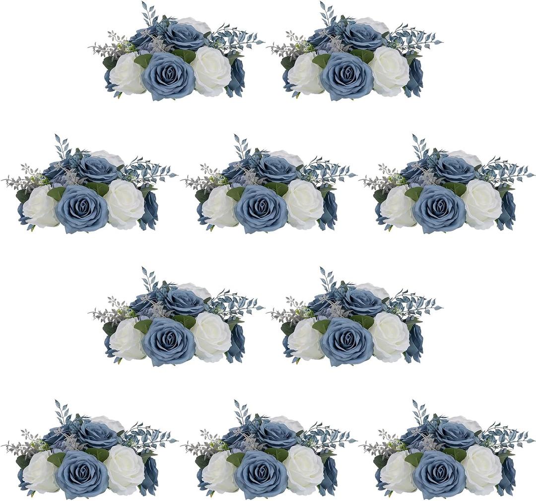 NUPTIO Flower Ball Centerpieces for Tables: 10 Pcs Dusty Blue & White Artificial Rose Fake Floral Arrangement for Wedding Party Centerpiece Decorations 9.4 Inch Diameter