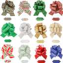 24 PCS Wrap Ribbon Pull Bows, 12 Designs 4.7" for Gift Wrapping, Easy-to-Use Christmas Bows for Presents, Holiday Decorations, Christmas Wrapping Bows
