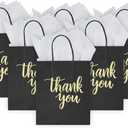DjinnGlory 50 Pack Medium Sized Black Thank You Paper Bags with Handles 10x8x4 Inches and White Tissue Paper for Small Busines Wedding Baby Shower Graduation Party Favors Treats Goodies