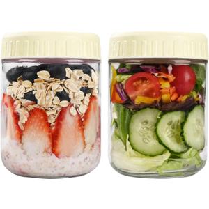 SHOWIN Overnight Oats Containers with Lids, 16oz Glass Jars with Lids 2 pcs, Milk White, Wide Mouth Mason jars for Salad, Yogurt, Snacks, Meal Prep