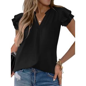 Sucolan Women's Summer Tops Dressy Casual Notch V Neck Ruffle Short Sleeve Flowy Shirts Cute Blouses Tops Size S