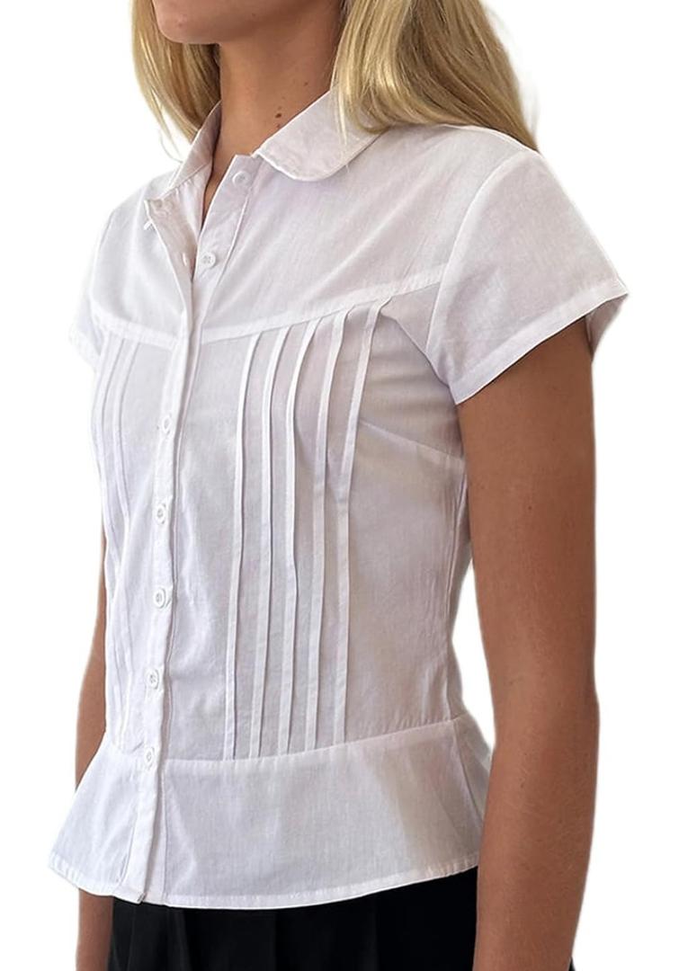 Women Vintage Button Down Shirts Y2K Slim Fit Lapel Collared Short Sleeve Casual T Shirt Preppy Summer Casual Clothes, Size XXL Women Vintage Button Down Shirts Y2K Slim Fit Lapel Collared Short Sleeve Casual T Shirt Preppy Summer Casual Clothes, Size XXL