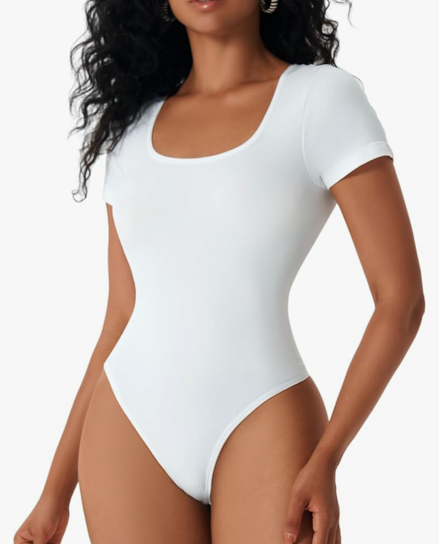 MOVWIN Women’s Bodysuit Tummy Control Seamless Short Sleeve Body Suit Shapewear Thong Square Neck Body Sculpting Shaper, White,Ll