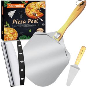 Sharmila Pizza Peel 12 Inch, Aluminum Paddle with Cutter, Spatula, 12*14 Inch