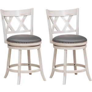 Bar Stool Set of 2 for Kitchen Island, 25.5 Swivel Armless Counter Height Stools with 20'' Wider Padded Seat, Ergonomic Curved Backrest, Rubber Wood Frame (2, Antique White + Gray)