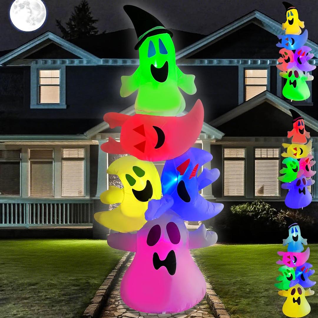 7FT Halloween Inflatable Overlap Ghost Outdoor Decorations with Colorful LED Lights Halloween Inflatables White Ghost Blow Up for Party Yard Garden Lawn Decor