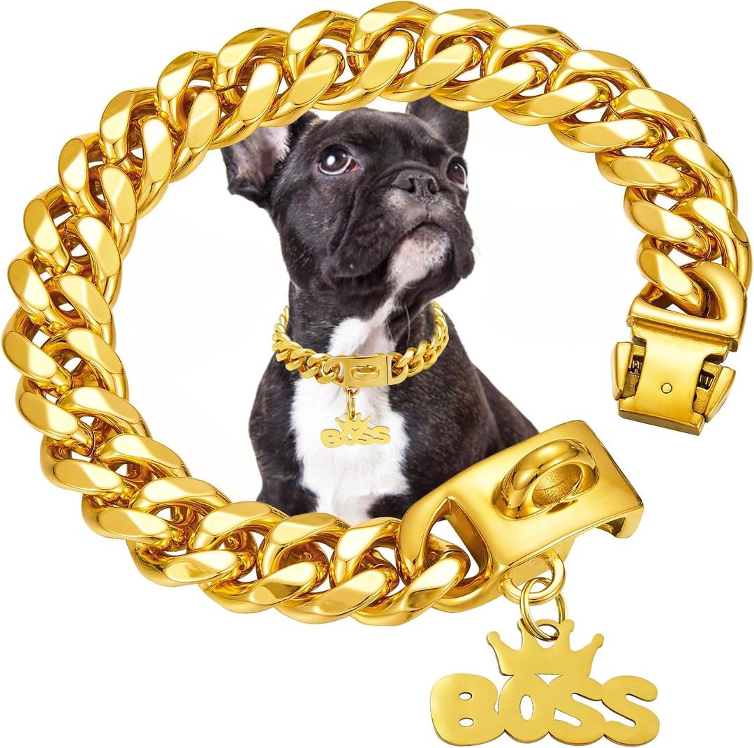 15mm Wide Gold Dog Chain Collar with Pendant Tag,18K Gold Plated Stainless Steel Walking Metal Cuban Link Chains Collars Strong Chew Proof for Small Medium Dogs(20inch)