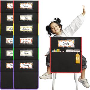 12 Pcs Classroom Chair Pockets, 17 x 15 Inch Seat Sacks for Chairs, Buddy Pocket, Chart Seat Back Organizer With Name Tag