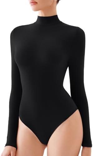 REORIA Women's Mock Turtleneck Body Suits Long Sleeve Bodysuits Fall Winter Double Lined Soft Basic Slim Tight Layering Tops Trendy Outfits 2025(Black Medium)