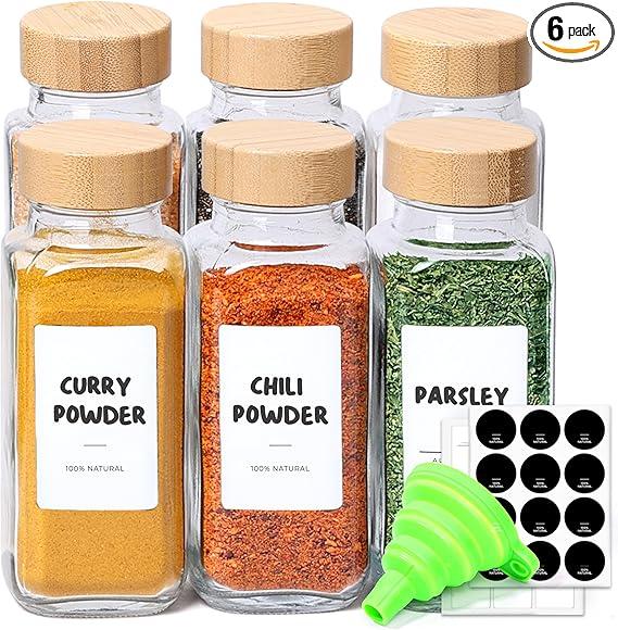 ComSaf 8 oz 6Pcs Glass Spice Jars with Label, Empty Spice Containers with Bamboo Lids, Square Seasoning Containers Trial and Supplement Set, Small Seasoning Bottles for Salt, Herbs, Sugar, Pepper