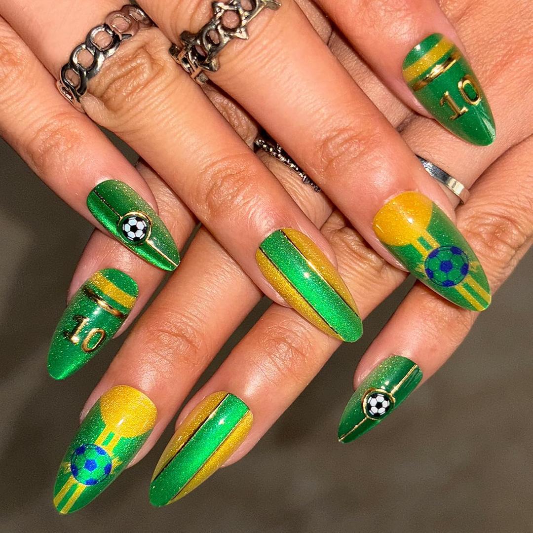 2 x 24 Pcs Brazil World Cup Press On Nails - Cat Eye | Medium Almond Fake Nails Press ons with Striped & 3D Soccer Designs Reusable Glue On Nail Kit with Adhesive Tabs for Women Manicure, Easy Apply