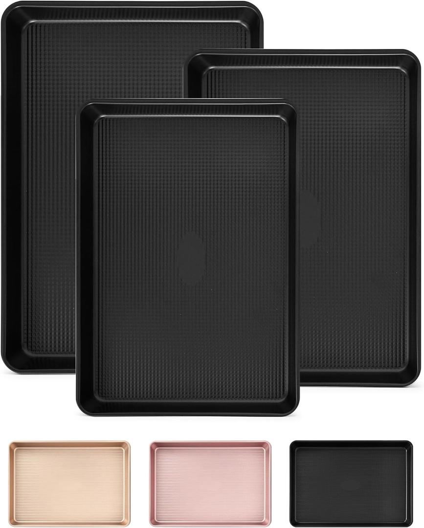 Professional Non-Stick Baking Sheets Set, 3-Piece Heavy Duty Carbon Steel Cookie Sheets with Oven Safe & Even Heating for Baking, Roasting, Cooking (Black)