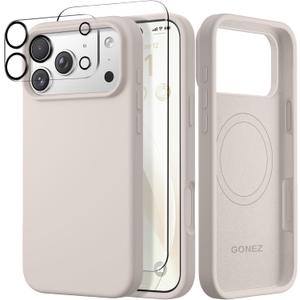 GONEZ Magnetic for iPhone 17 Pro Case, Compatible with MagSafe, [Screen Protector + Camera Lens Protector], Liquid Silicone Anti-Scratch Shockproof Protective Phone Case 6.3 inch, Stone
