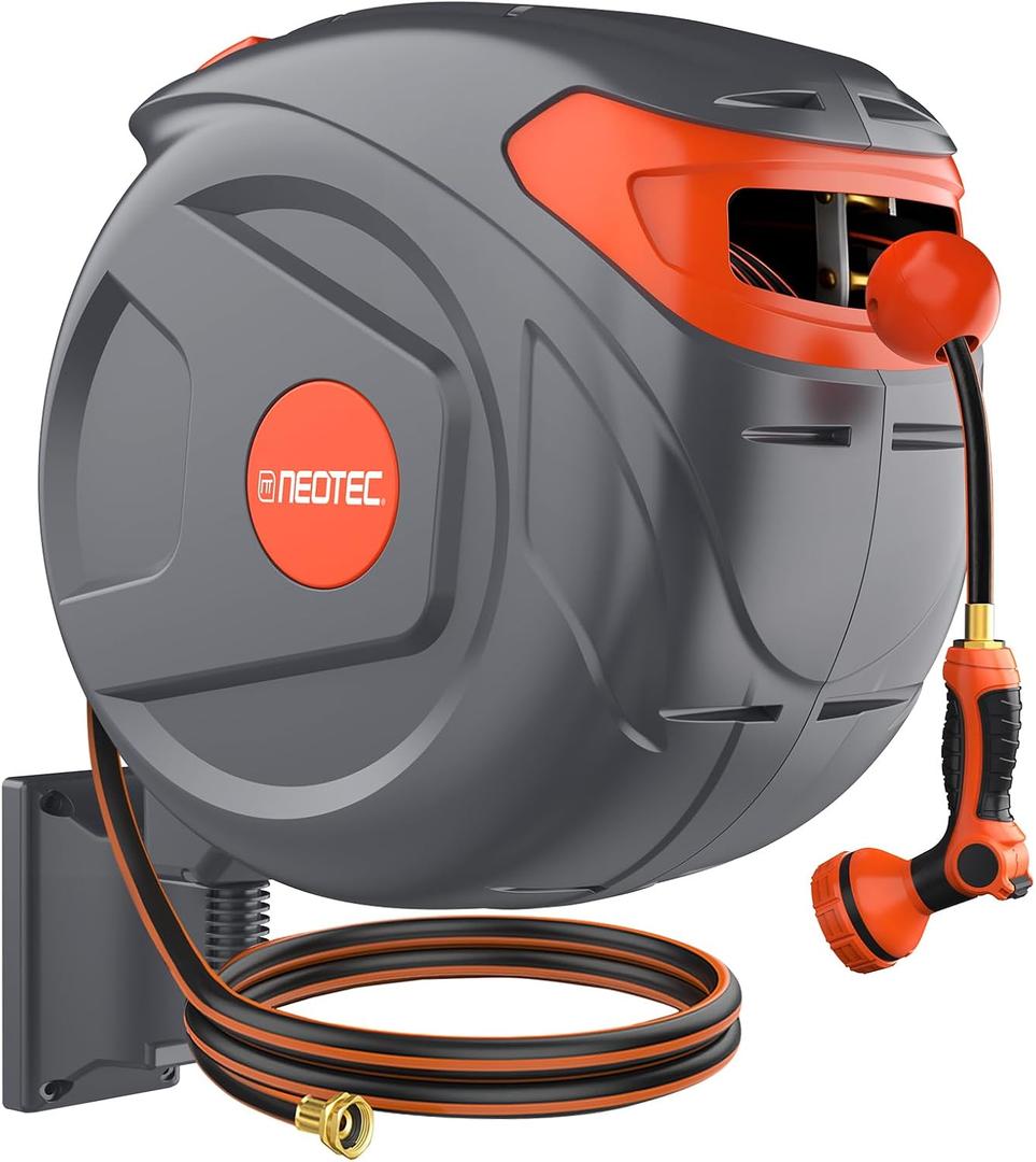 NEO-TEC Retractable Garden Hose Reel 100 ft 1/2 Inch with 3-Layer PVC Hose Wall Mount Automatic Slow Return Any-Length Lock 180° Swivel Hose Reel for Large Yard